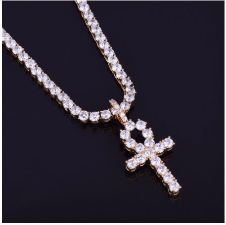 HOLYGRAIL 3MM Tennis CZ Ankh Cross Bundle featuring sparkling cubic zirconia stones on a brass chain.