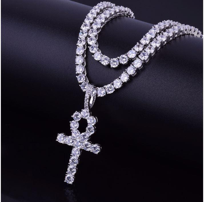HOLYGRAIL 3MM Tennis CZ Ankh Cross Bundle featuring sparkling cubic zirconia stones on a brass chain.