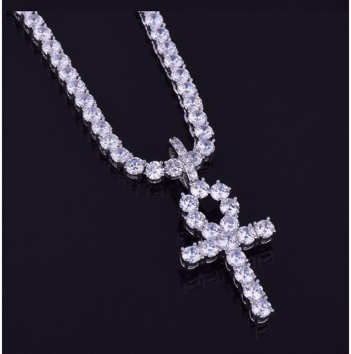 HOLYGRAIL 3MM Tennis CZ Ankh Cross Bundle featuring sparkling cubic zirconia stones on a brass chain.