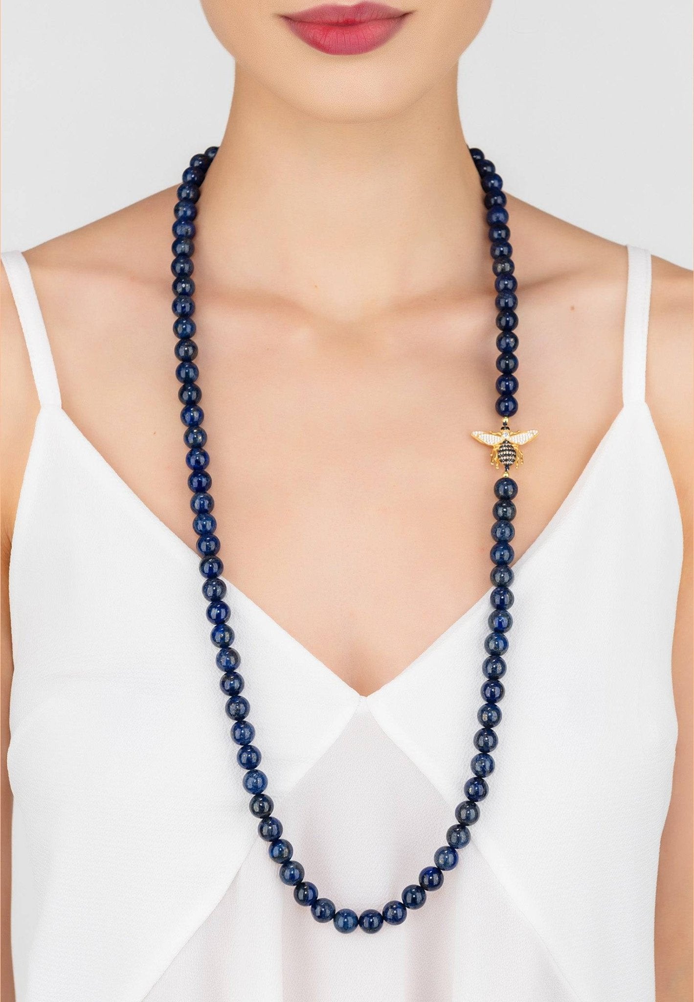 Elegant Honey Bee Lapis Lazuli Gemstone Long Necklace featuring a gold-dipped design and zirconia-encrusted bee motif.