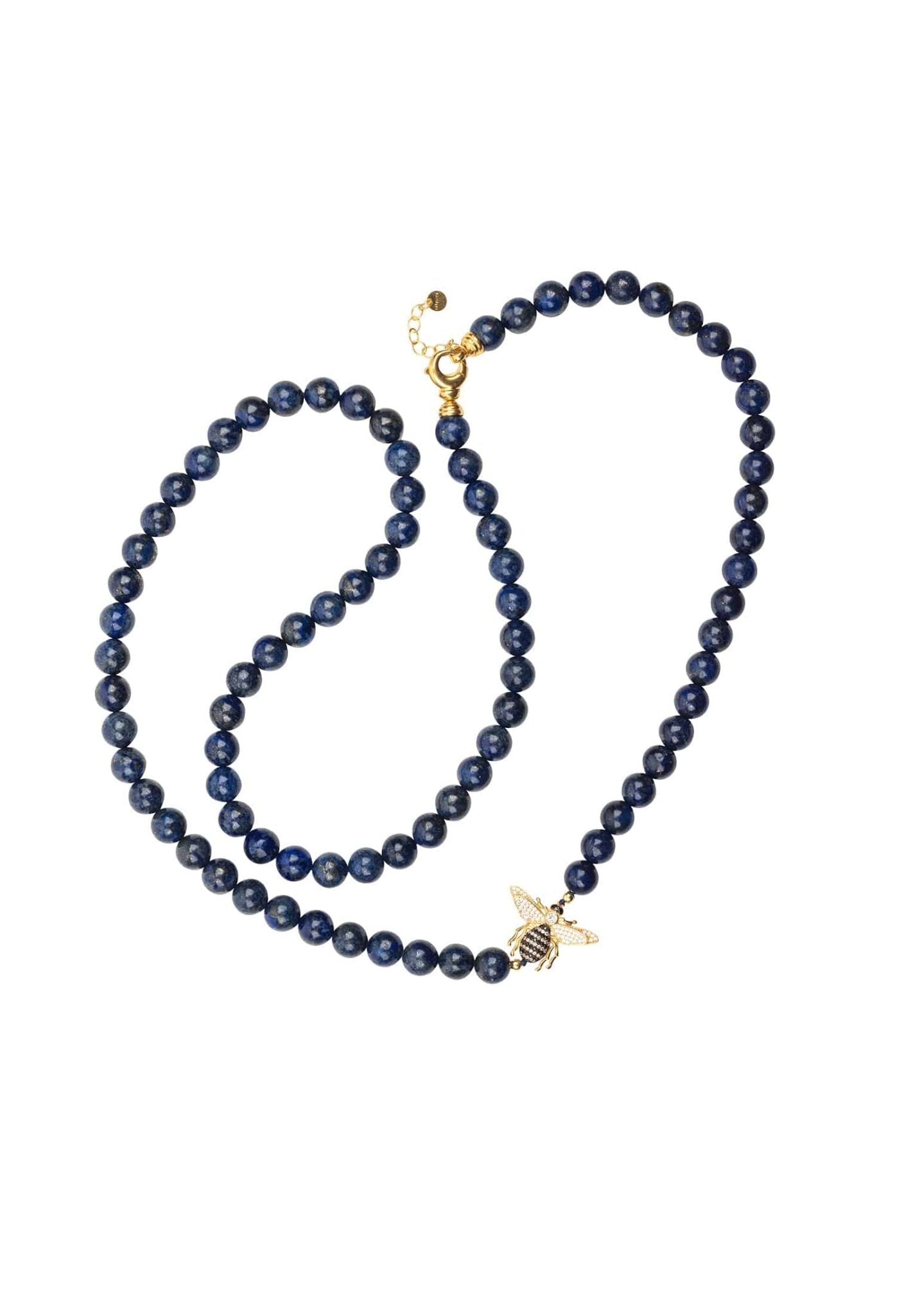 Elegant Honey Bee Lapis Lazuli Gemstone Long Necklace featuring a gold-dipped design and zirconia-encrusted bee motif.