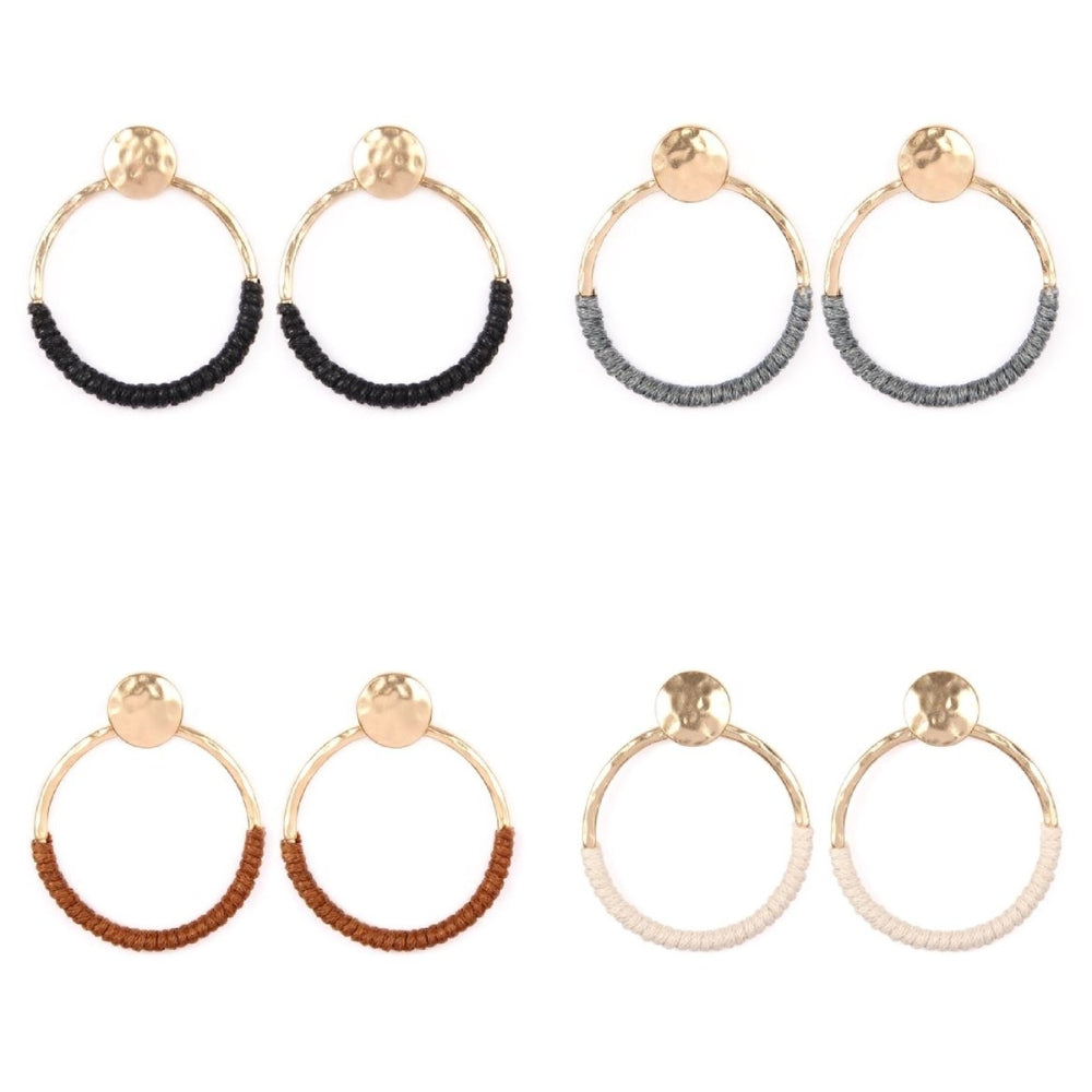 Colorful Hoop Thread Wrapped Post Back Earrings displayed elegantly, showcasing their unique design and vibrant colors.