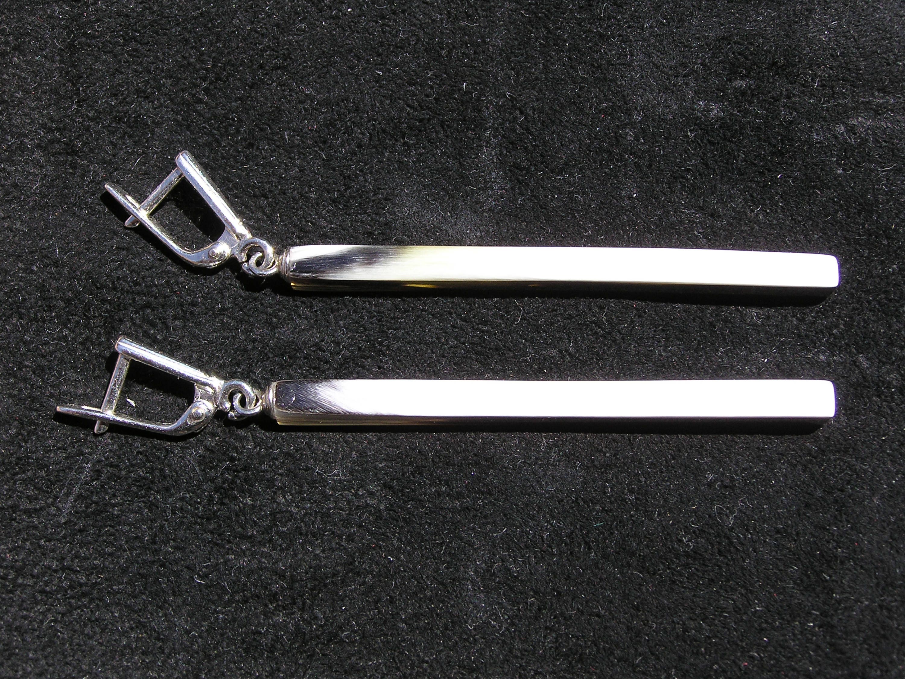 Handmade buffalo horn earrings featuring a unique geometric column design with a polished surface and silver English locks.