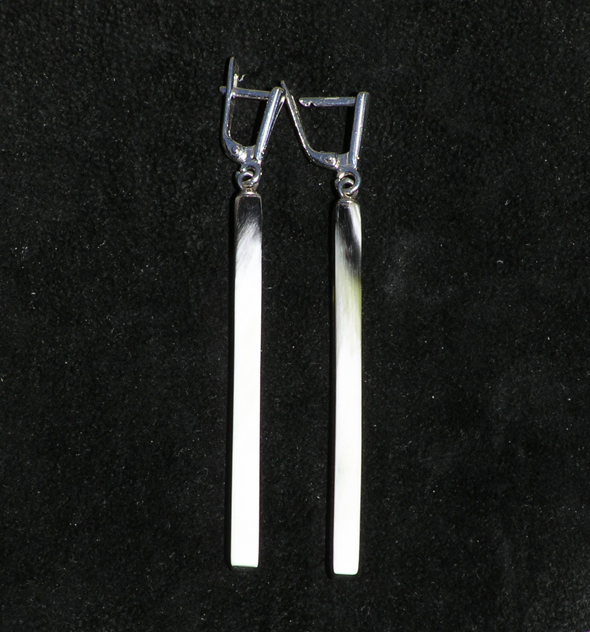 Handmade buffalo horn earrings featuring a unique geometric column design with a polished surface and silver English locks.