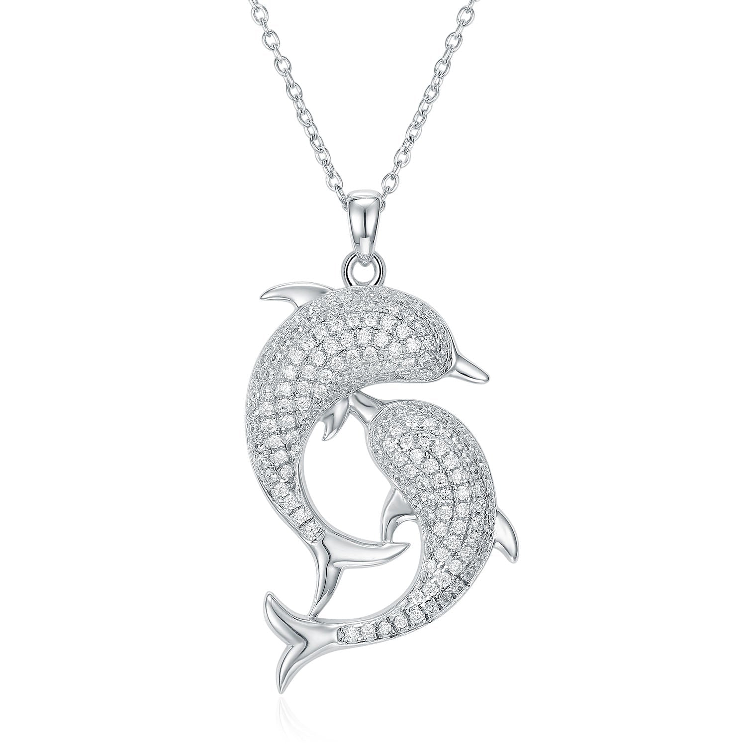 Hug and Kiss Me Double Dolphin Necklace made of 925 sterling silver with white sapphire, featuring a double dolphin design.