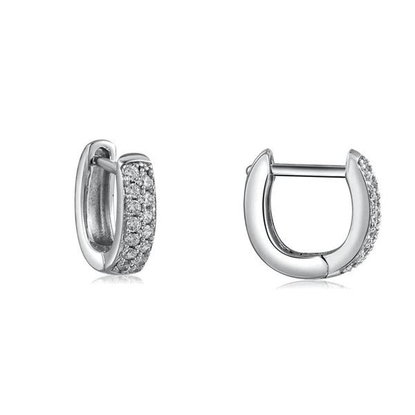 Elegant huggie earrings made of 925 sterling silver with white gold finish and white sapphire stones, showcasing a modern design.