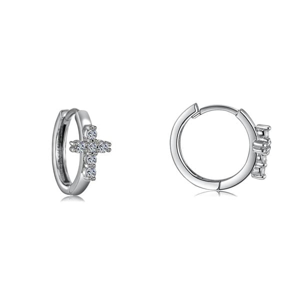 A pair of Huggie hoop cross earrings made from 925 sterling silver with white gold finish and white sapphire stones.