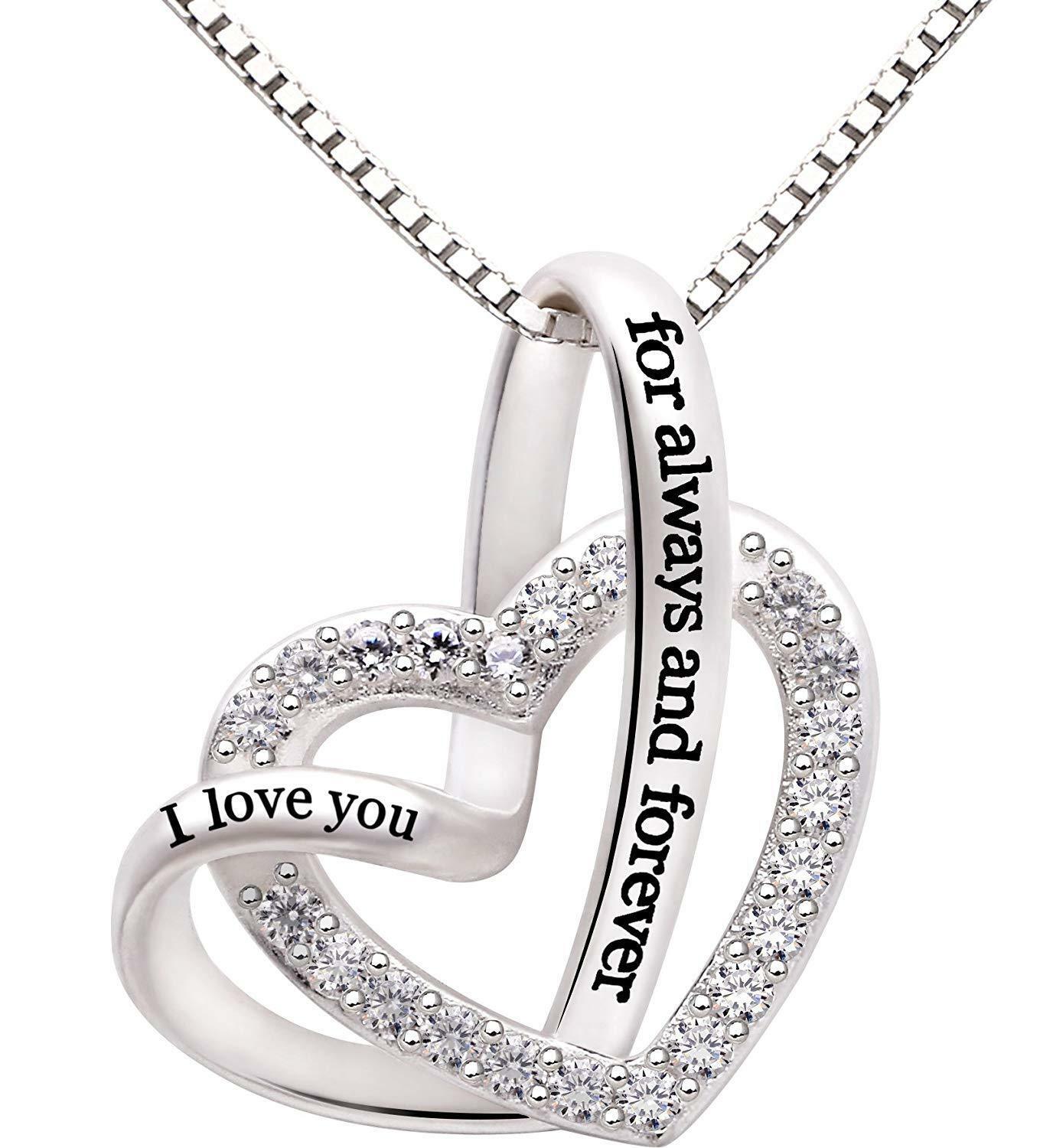 Elegant 'I Love You Forever and Always' Heart Necklace with genuine crystals, 18K white gold plating, and a box chain design.