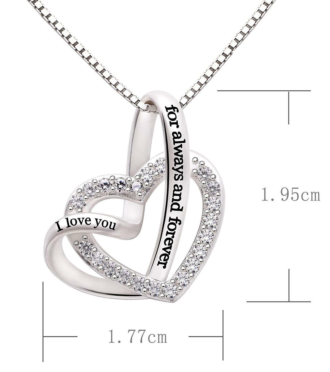 Elegant 'I Love You Forever and Always' Heart Necklace with genuine crystals, 18K white gold plating, and a box chain design.