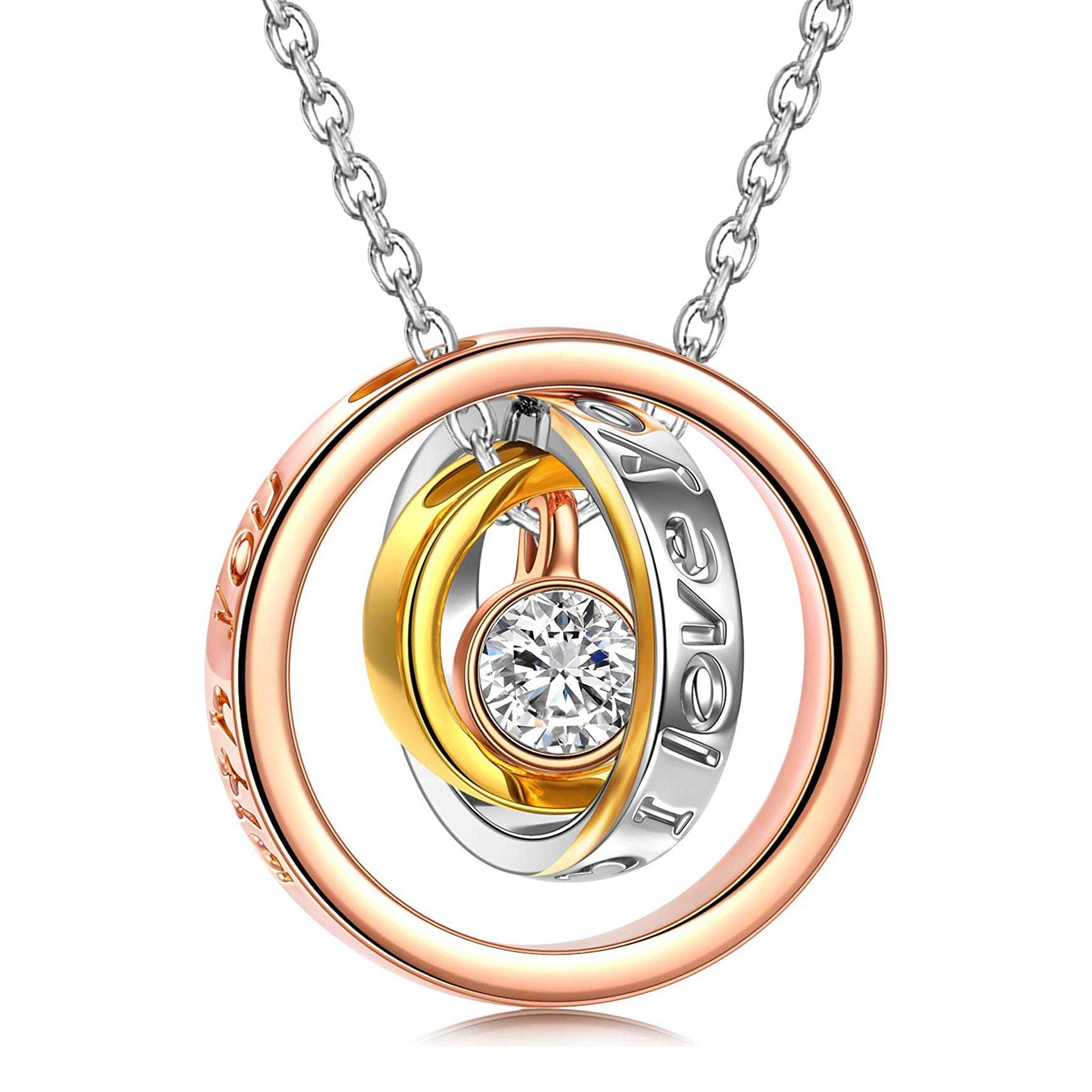 Elegant 'I Love You Forever and Always' Heart Necklace with genuine crystals, 18K white gold plating, and a box chain design.