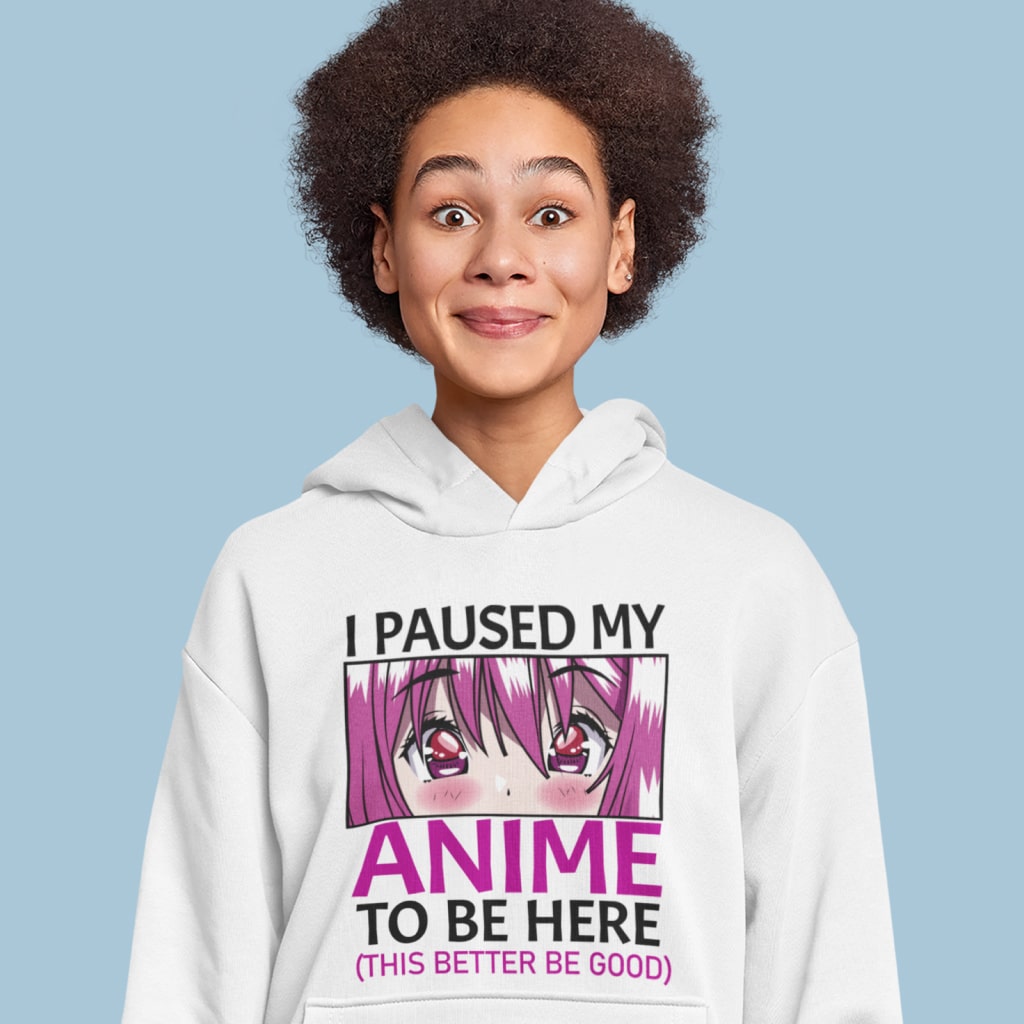 I Paused My Anime To Be Here Hoodie featuring cute anime eyes print, soft fleece material, and unisex design.