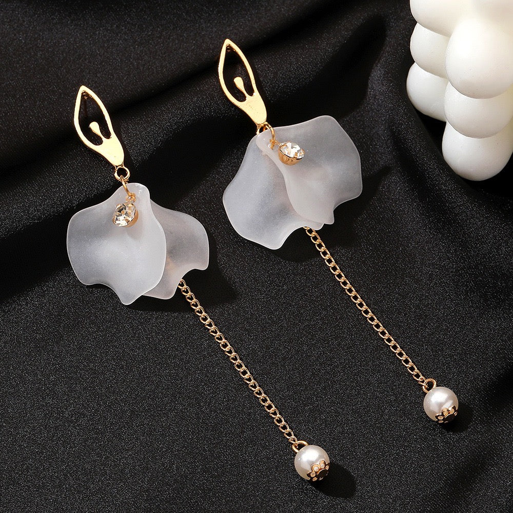 Elegant Ice Flower Petals with Pearl Earrings featuring intricate petal design and shimmering artificial pearls.