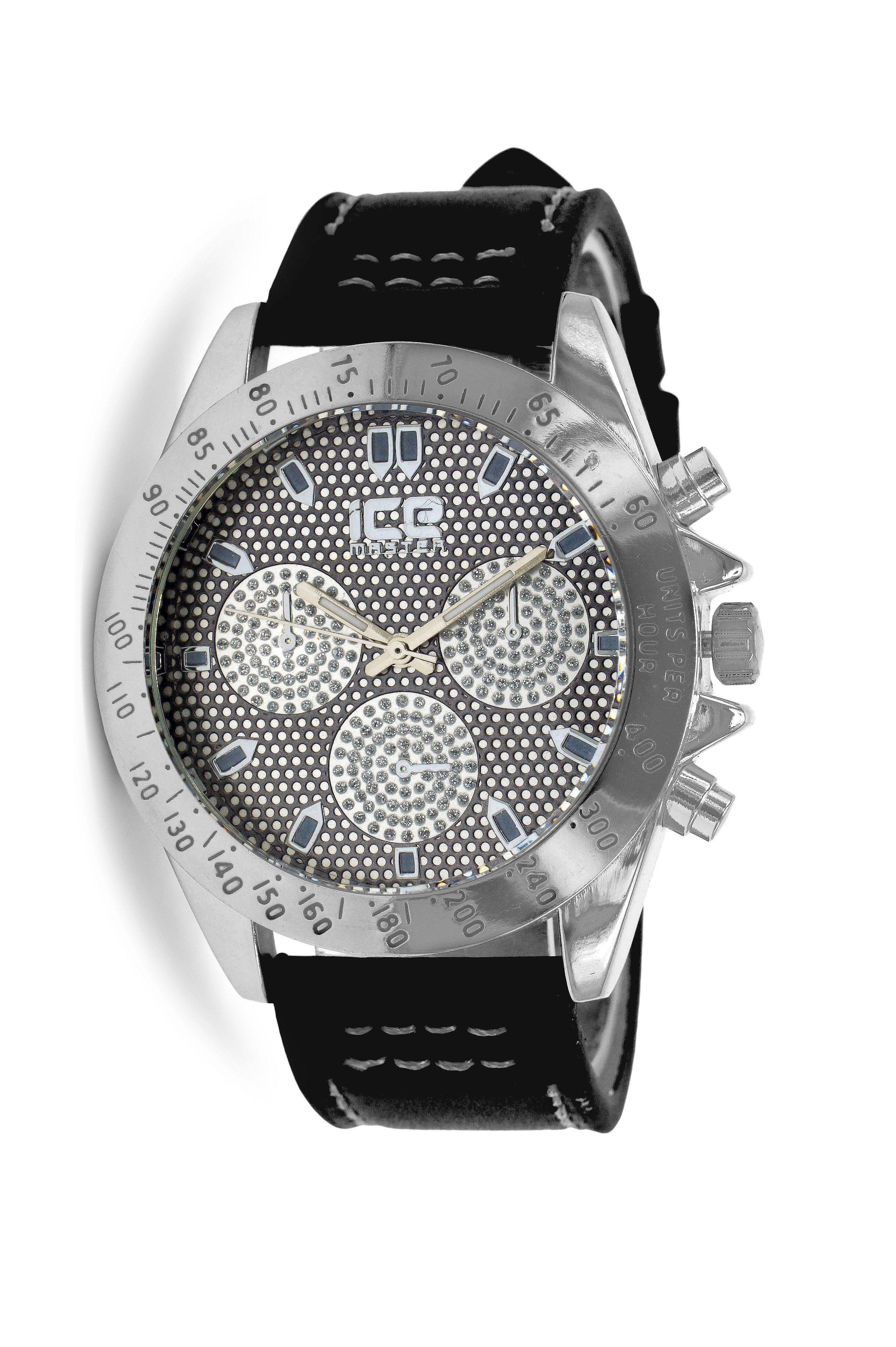 Ice Master Bling Leather Watch featuring a solid alloy construction, CZ and pave dial, and a stylish leather strap.