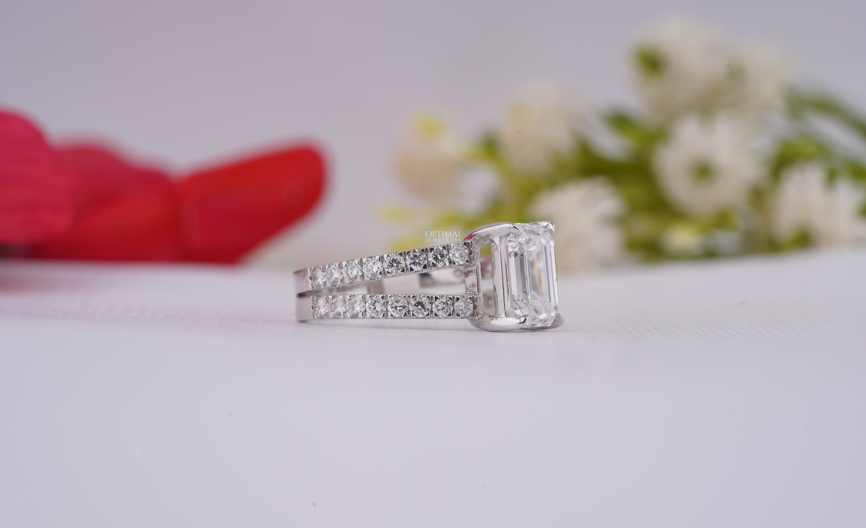IGI Certified 2.74 Ctw Emerald Cut Lab Grown Diamond Ring in 18K White Gold, featuring a double band and pave set design.
