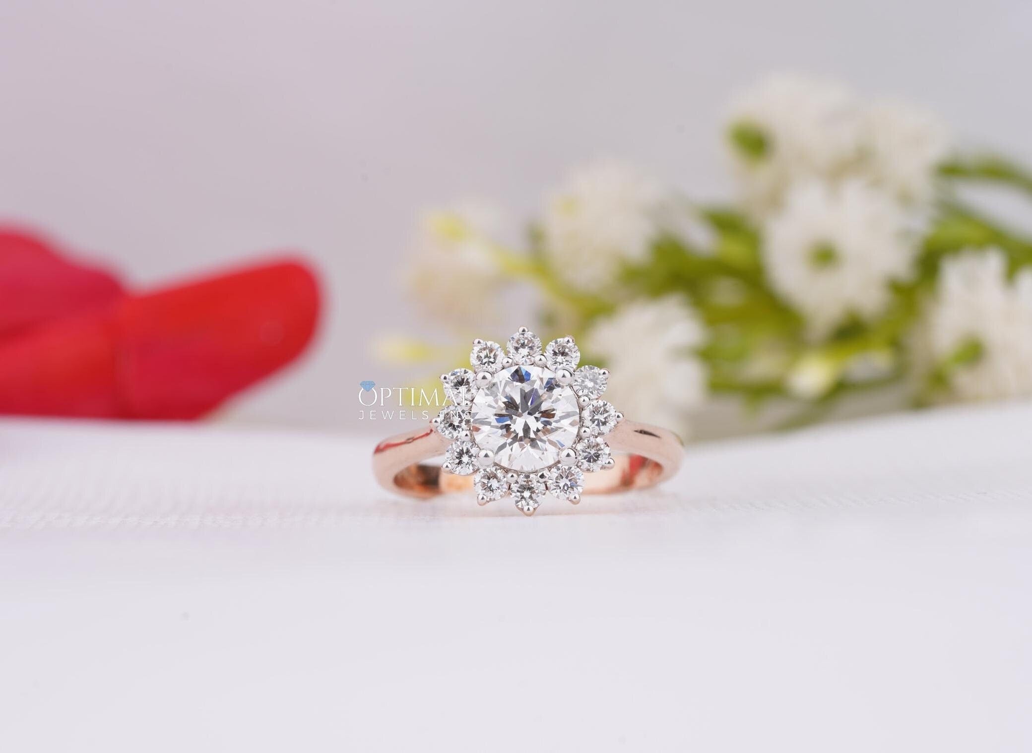 IGI Certified Round Lab Grown Diamond Ring featuring a 1.57 Ctw round halo design in rose gold, showcasing a brilliant center stone and side stones.