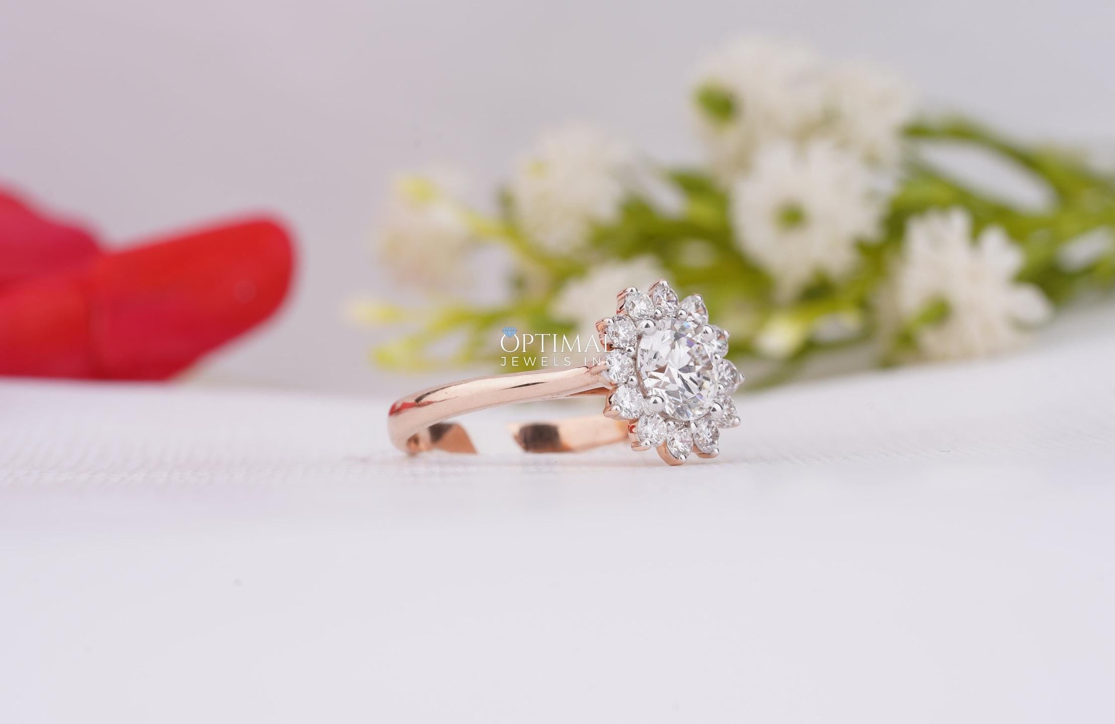 IGI Certified Round Lab Grown Diamond Ring featuring a 1.57 Ctw round halo design in rose gold, showcasing a brilliant center stone and side stones.