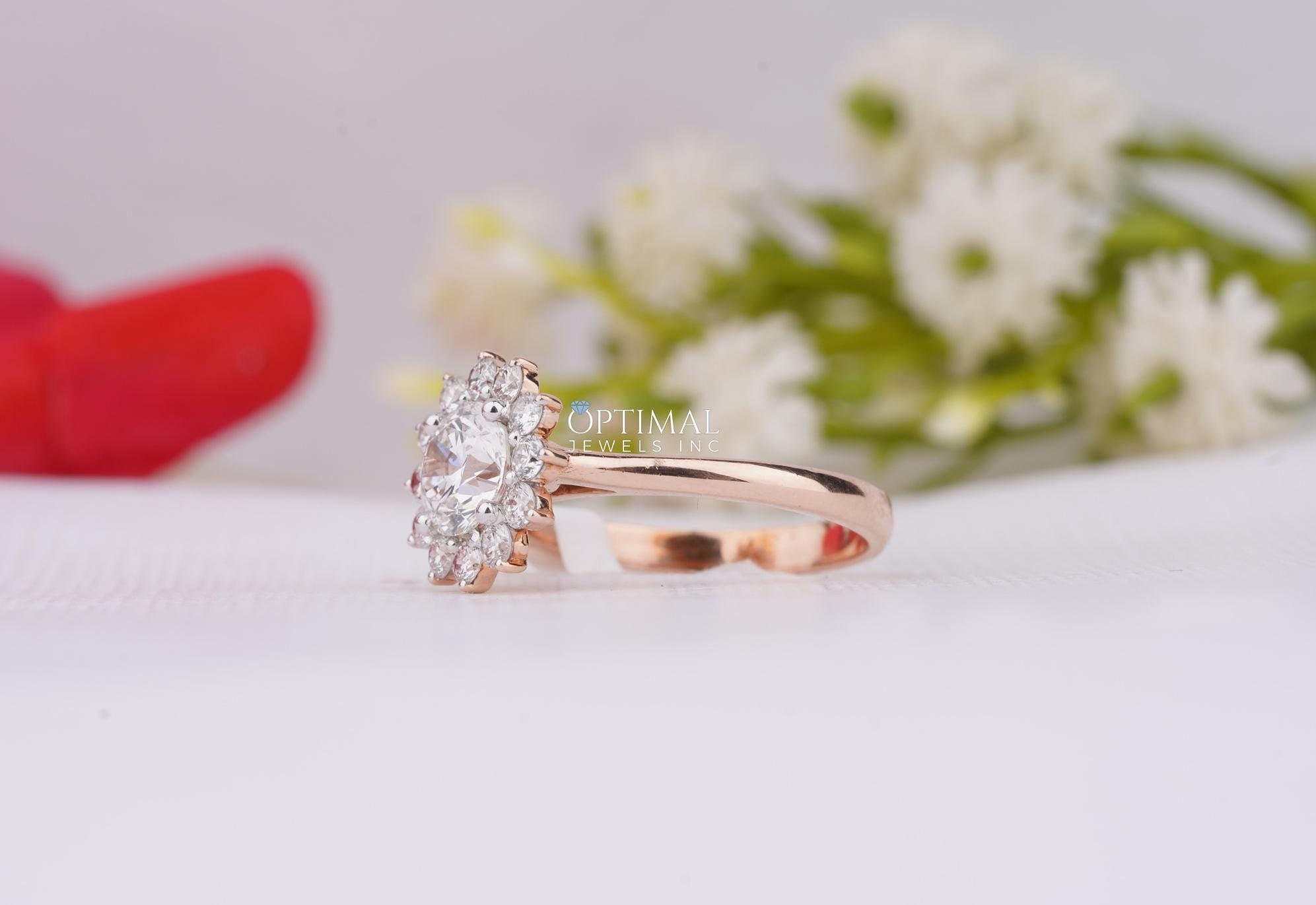 IGI Certified Round Lab Grown Diamond Ring featuring a 1.57 Ctw round halo design in rose gold, showcasing a brilliant center stone and side stones.