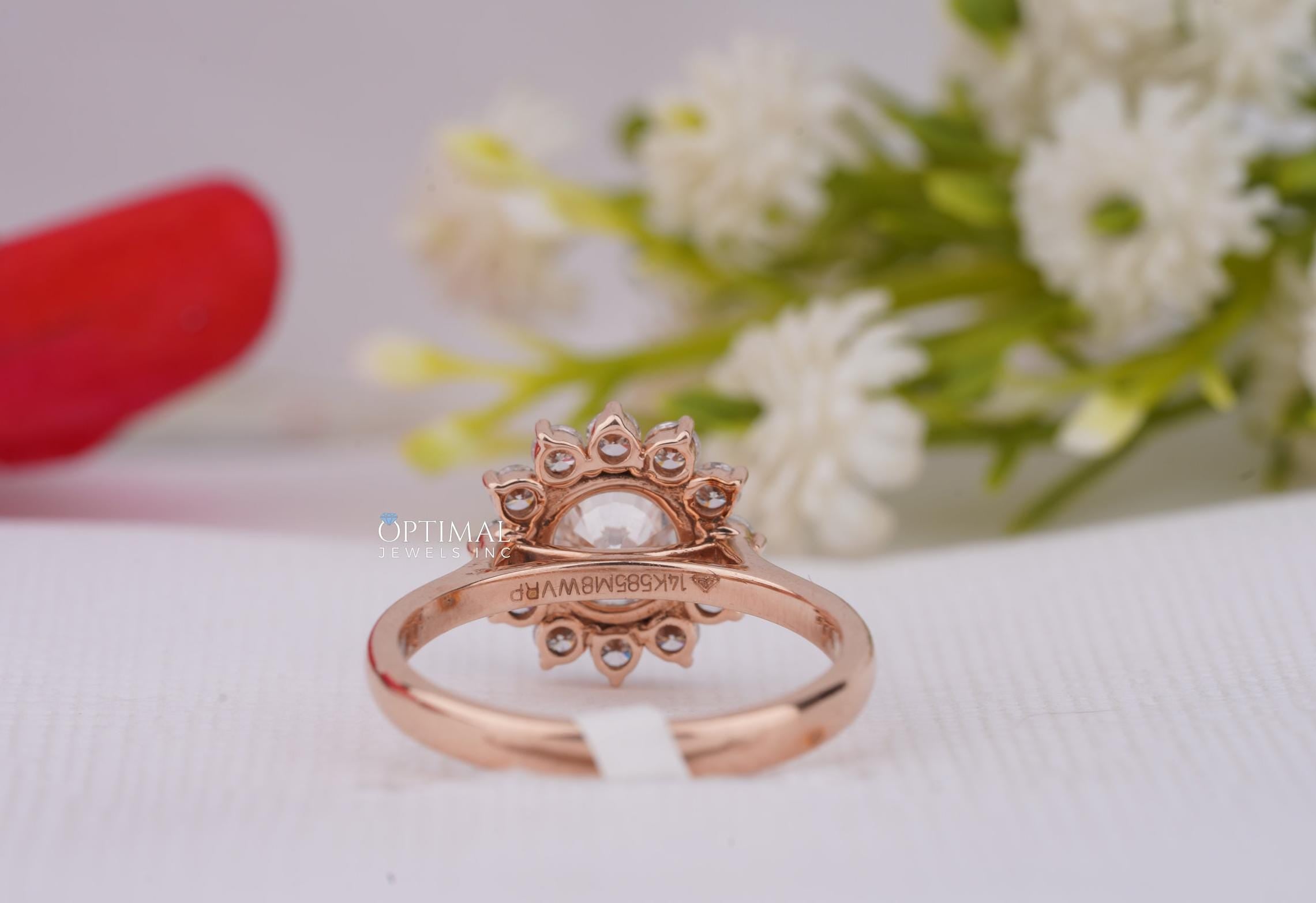 IGI Certified Round Lab Grown Diamond Ring featuring a 1.57 Ctw round halo design in rose gold, showcasing a brilliant center stone and side stones.