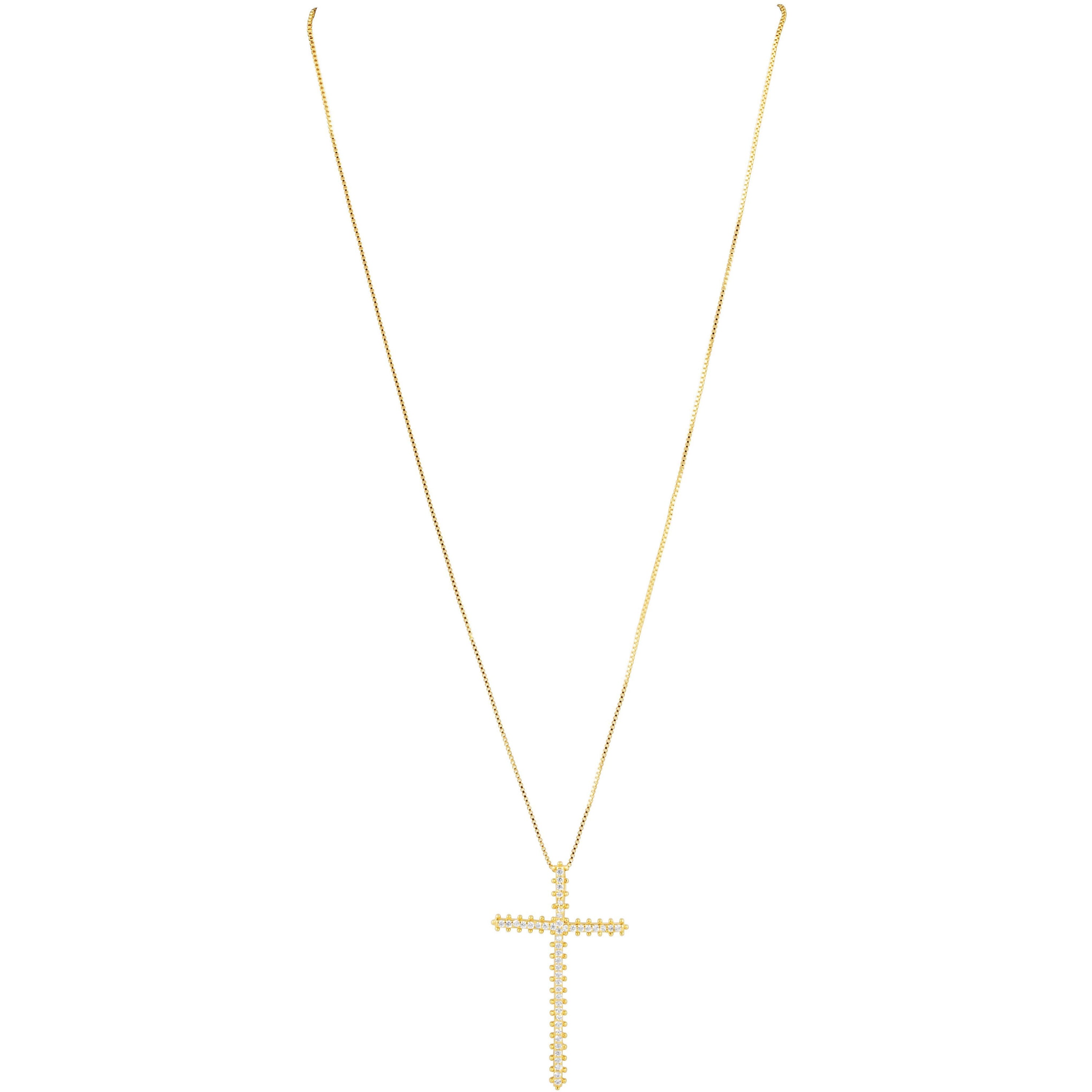 Incanto Maxi Cross Necklace featuring a stylish gold-plated cross adorned with pink cubic zirconia on a delicate chain.