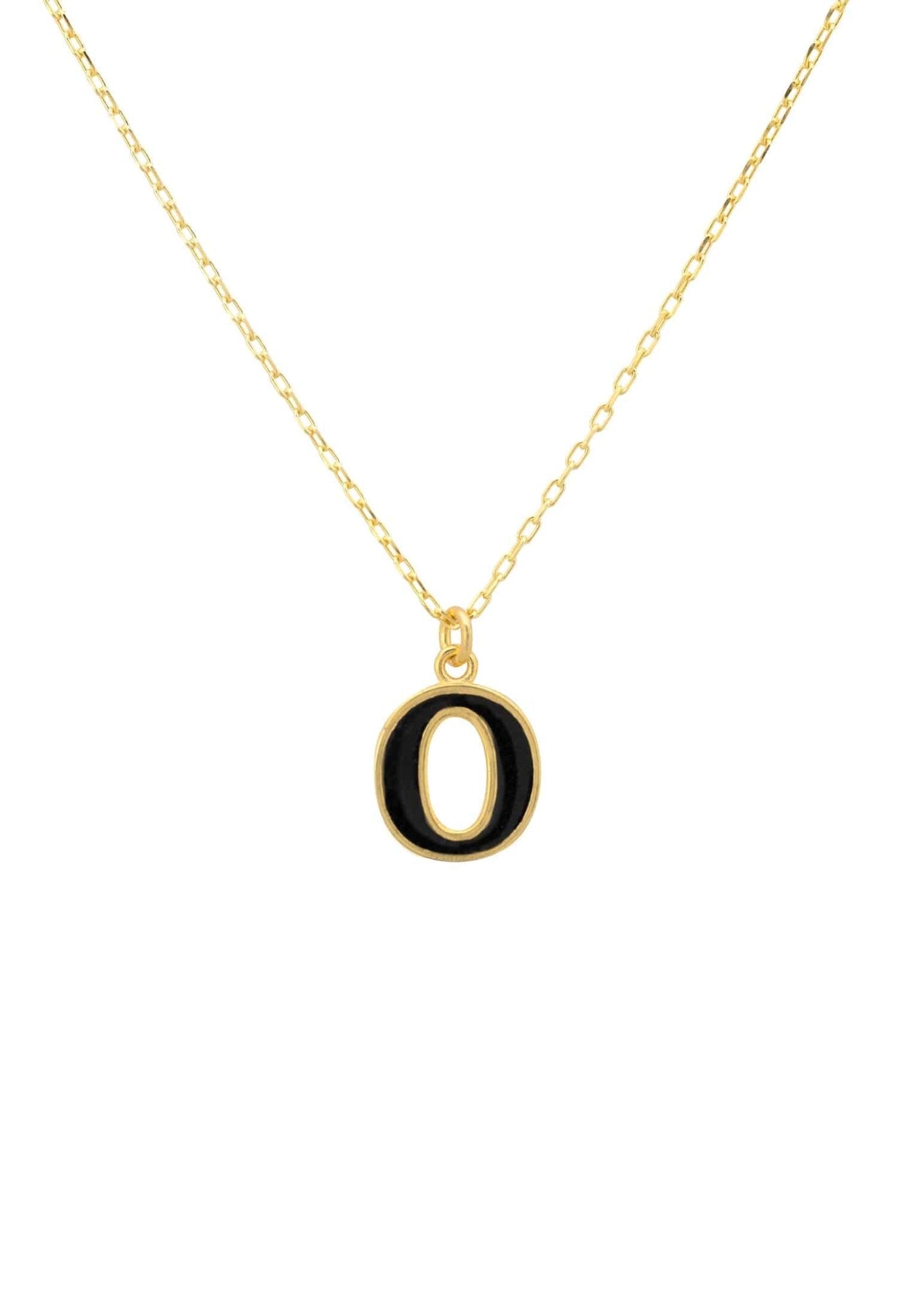 Gold Initial Enamel Necklace featuring a black enamel inlay, elegantly designed with a delicate chain.