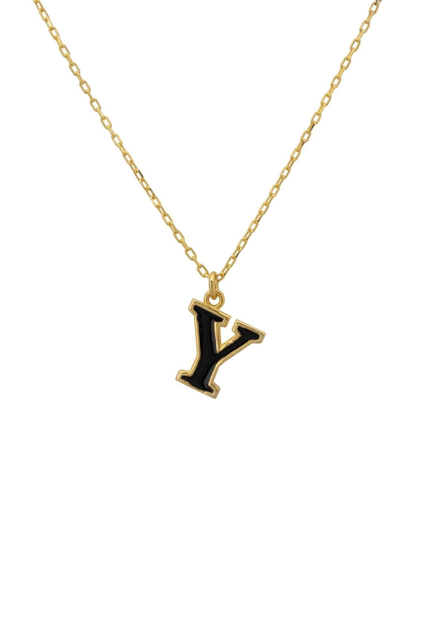 Initial Enamel Necklace Gold Y featuring a black enamel pendant on a delicate gold chain, elegantly displayed in a jewelry box.