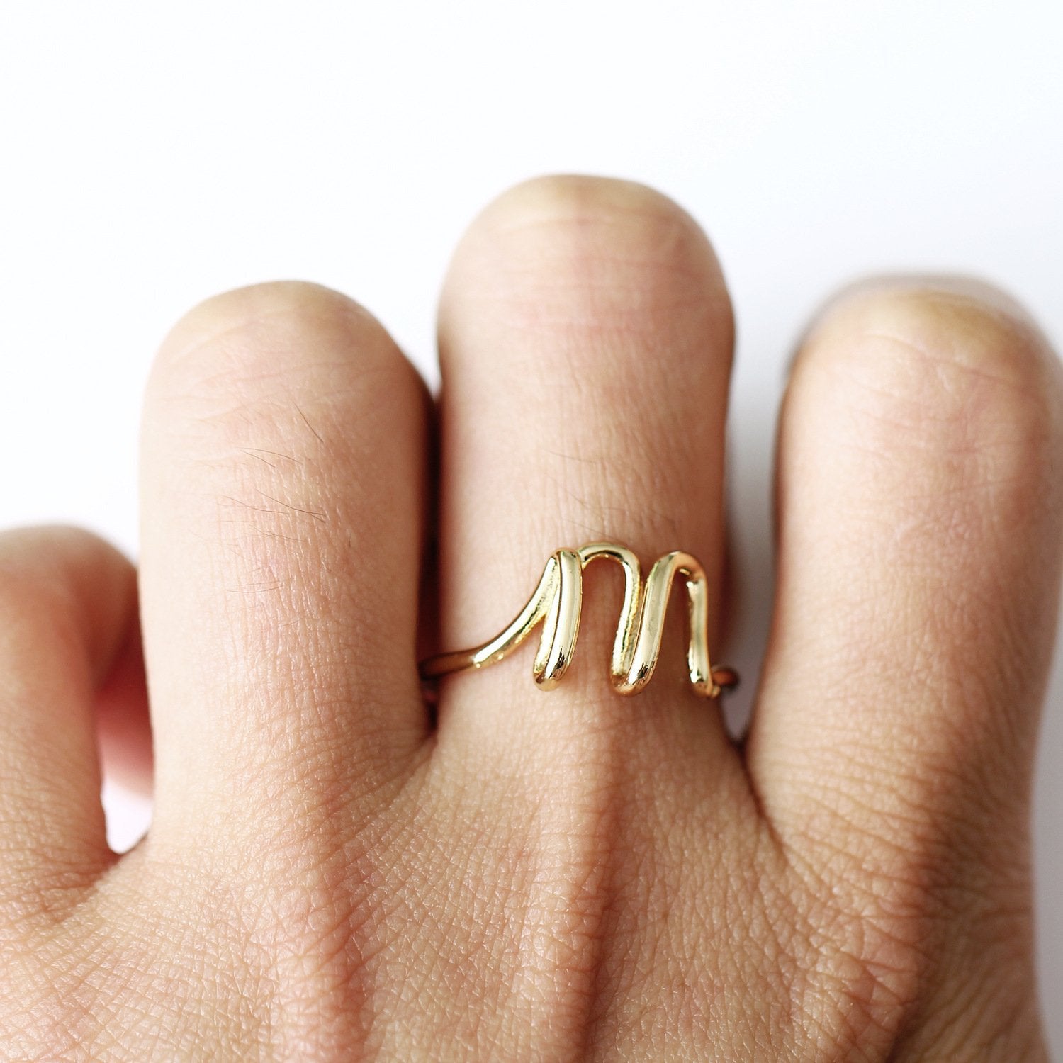 Elegant Initial Monogram Ring in 18K Gold Plated, featuring adjustable sizes and Italian craftsmanship.