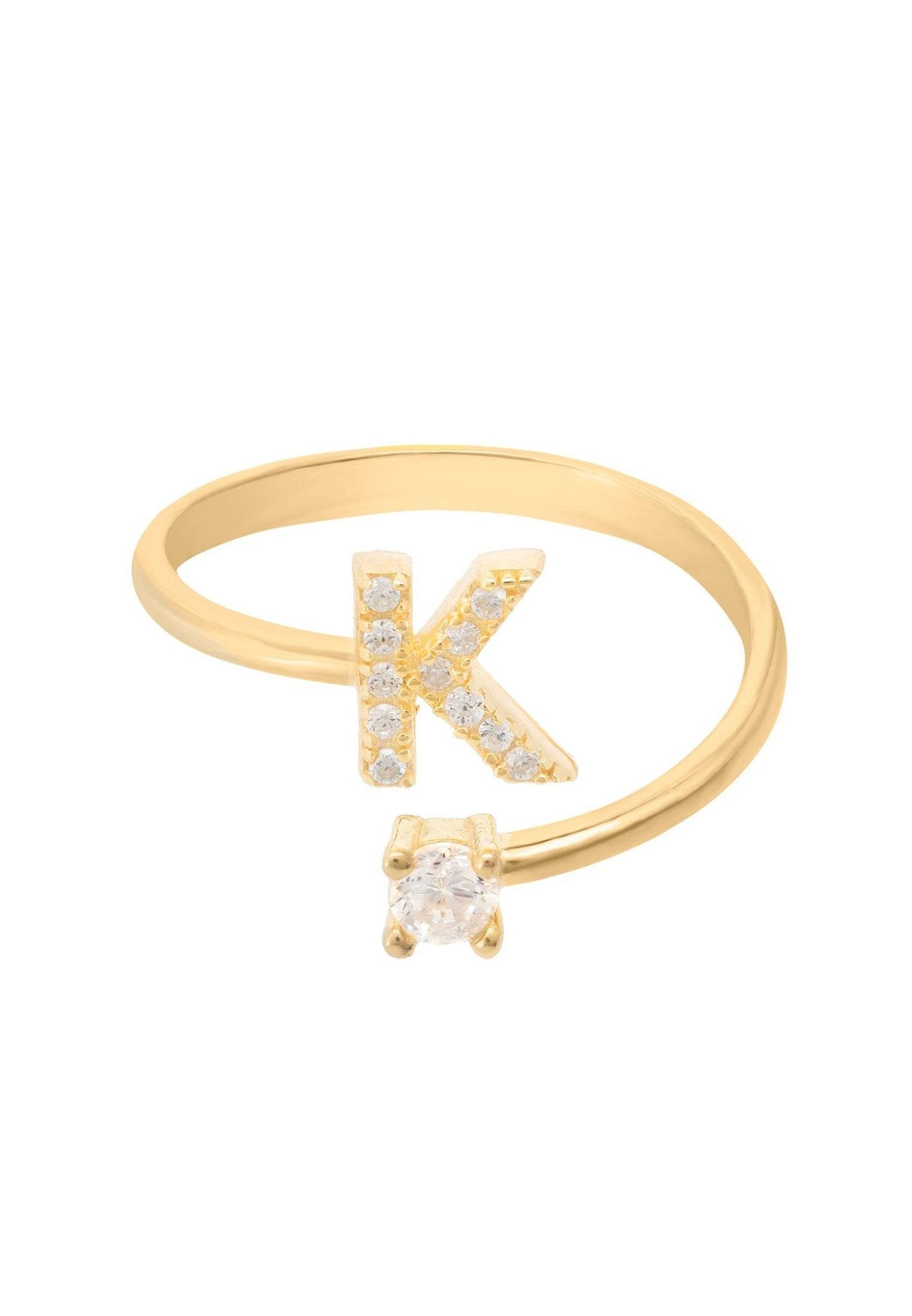 Elegant Initial Ring Gold K featuring a delicate design with cubic zirconia, handcrafted from sterling silver and dipped in 22ct gold.