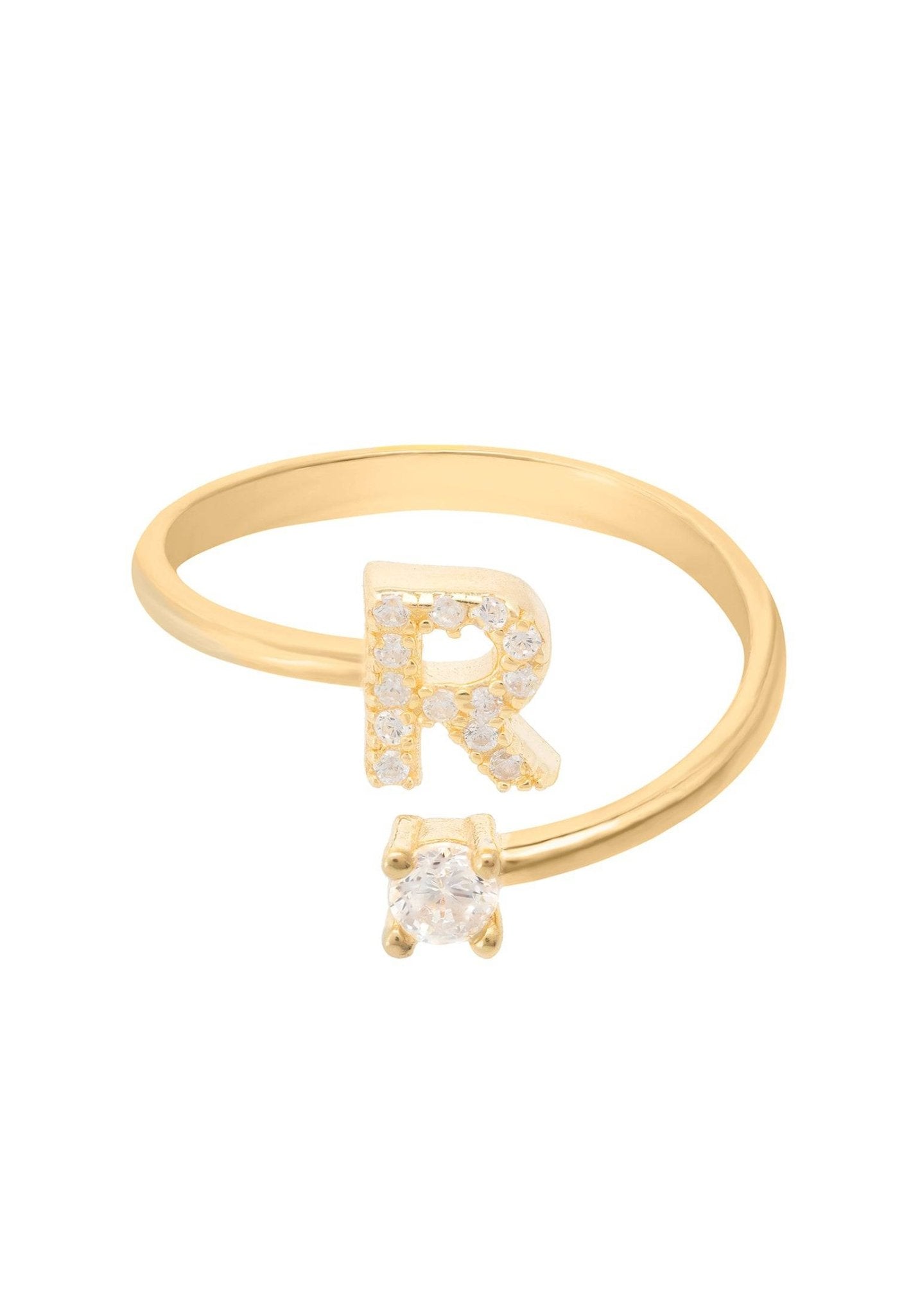 Initial Ring Gold R featuring a delicate design with cubic zirconia, handcrafted in 925 sterling silver and dipped in 22ct gold.
