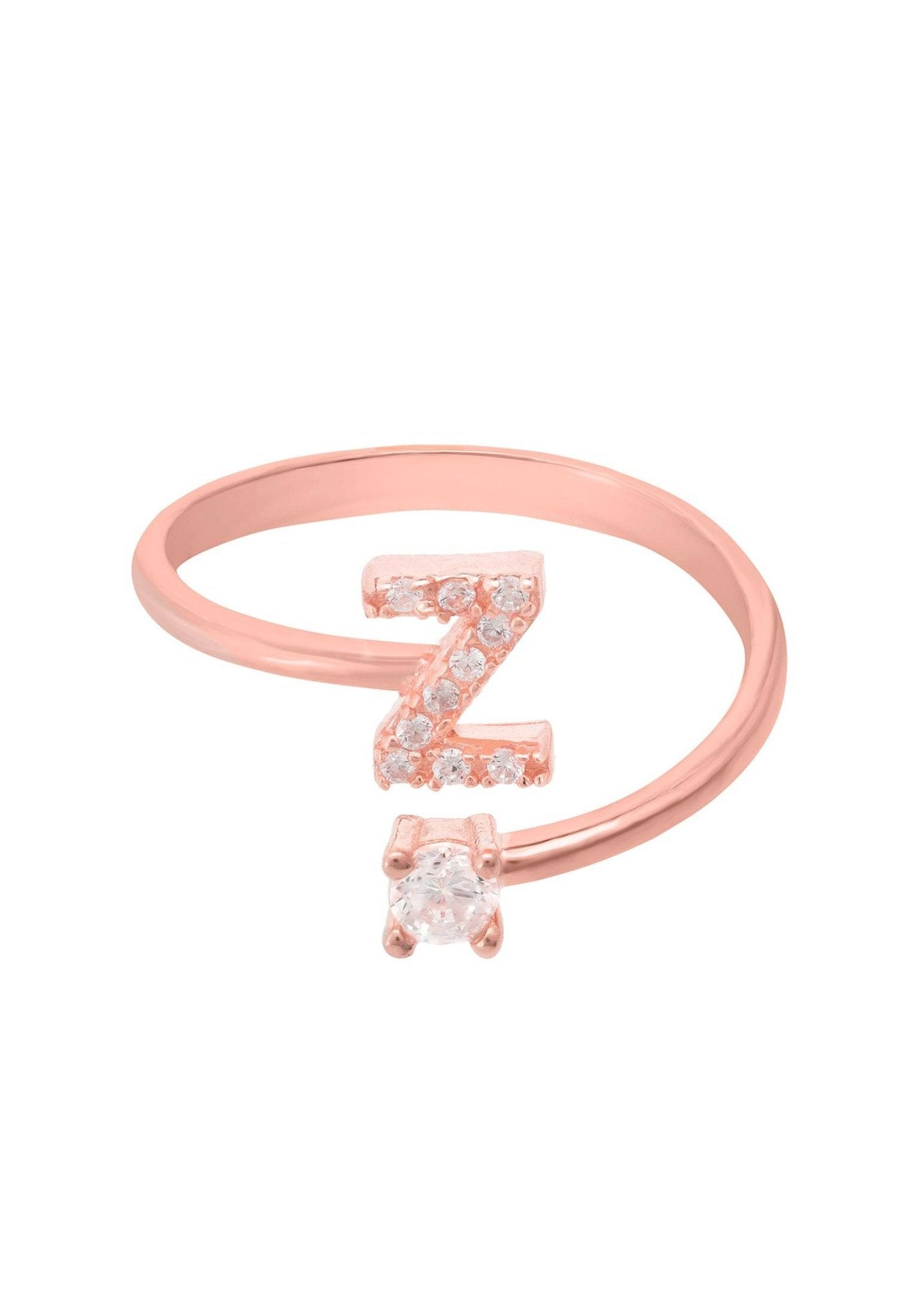 Initial Ring Rosegold Z featuring a delicate design with cubic zirconia, handcrafted in 925 sterling silver and dipped in 22ct rose gold.