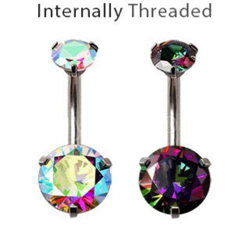 Internally threaded 316L stainless steel navel ring featuring two prong set iridescent cubic zirconia stones, showcasing a stylish and elegant design.