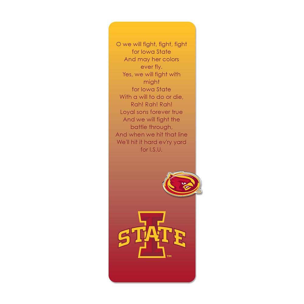 Iowa State Bookmark and Pin set featuring the university logo and fight song, perfect for fans.