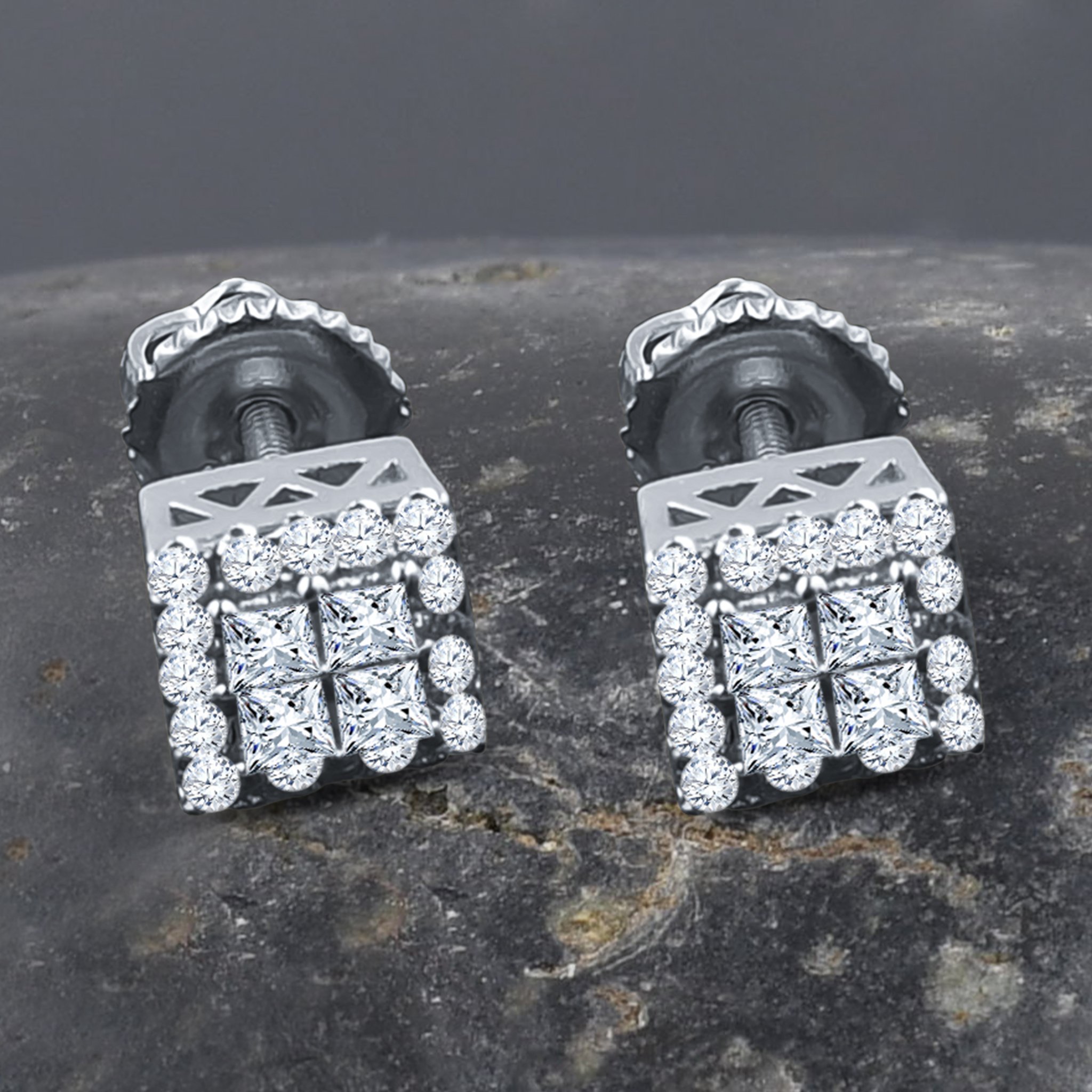 IRRADIATE Silver Earrings featuring cuboidal design with sparkling cubic zircon stones, elegantly displayed against a soft background.