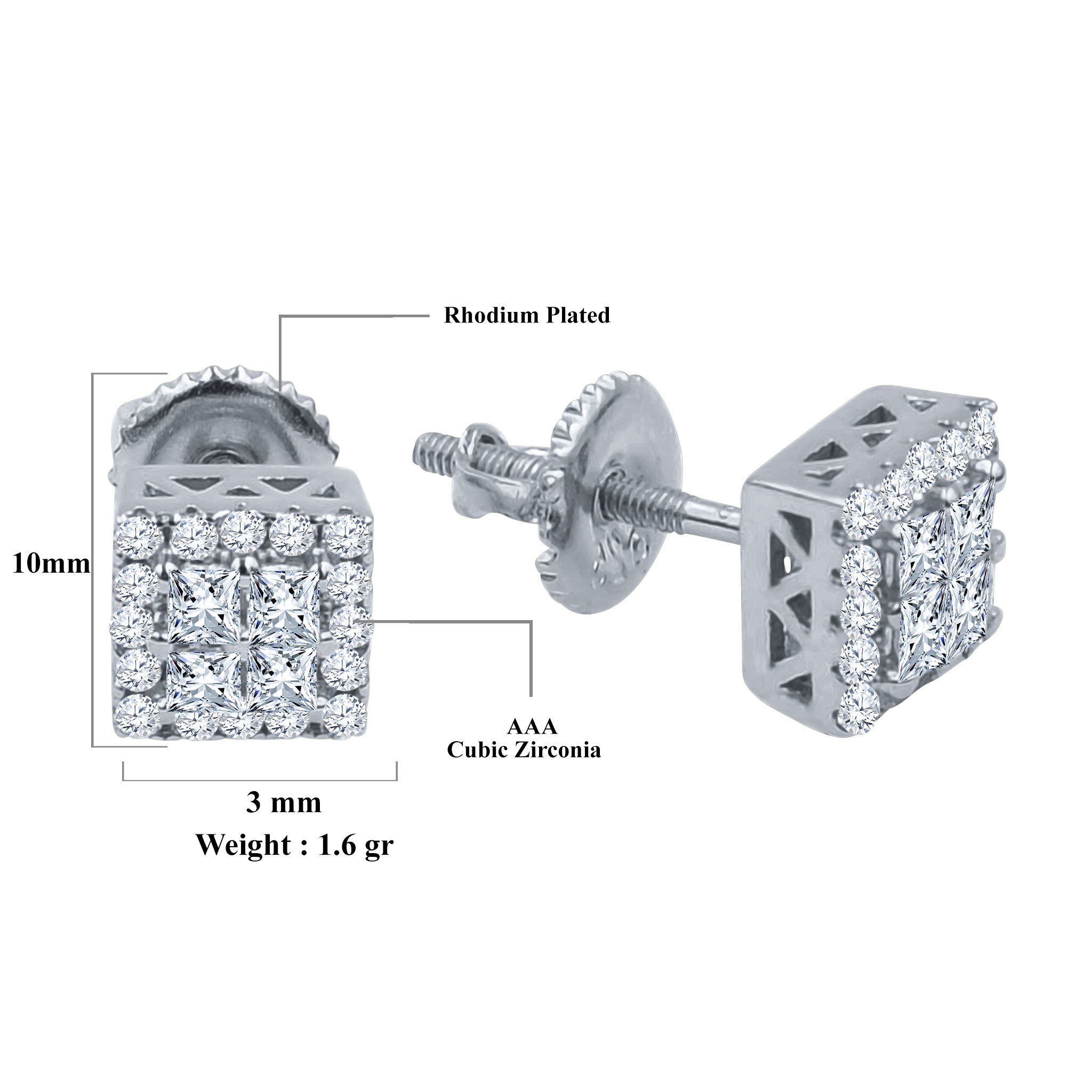 IRRADIATE Silver Earrings featuring cuboidal design with sparkling cubic zircon stones, elegantly displayed against a soft background.