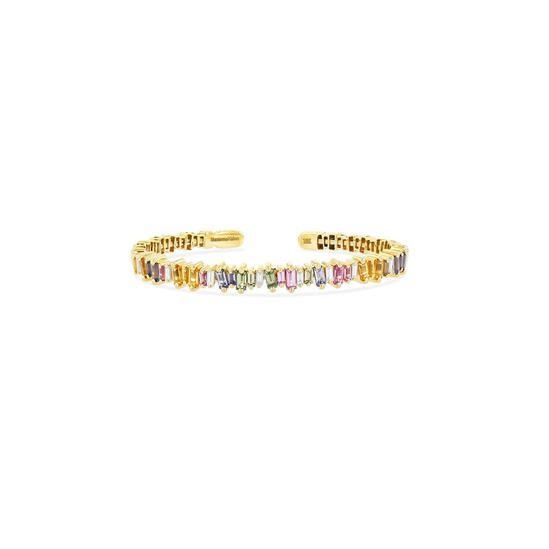 Irregular baguette cut rainbow bangle made of 925 sterling silver with real yellow gold finish and multi-color gemstones.