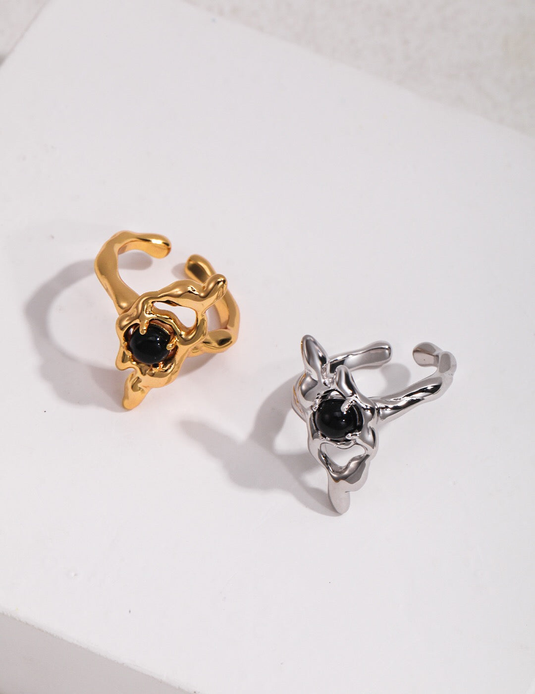 Irregular Geometry Black Onyx Open Ring featuring natural agate and sterling silver, showcasing a unique design.