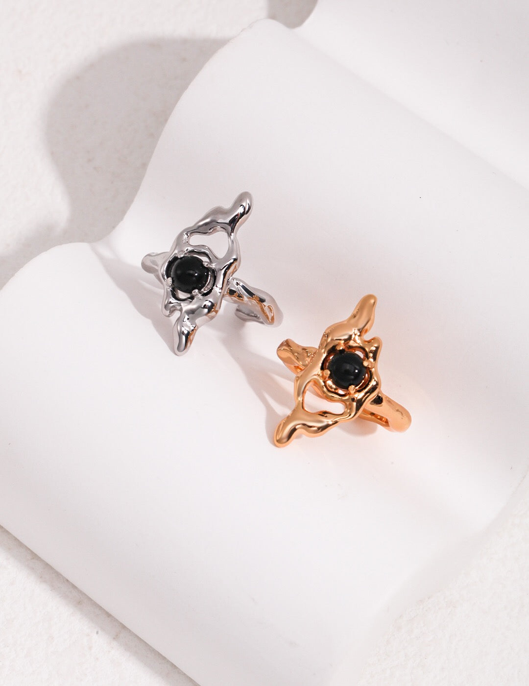 Irregular Geometry Black Onyx Open Ring featuring natural agate and sterling silver, showcasing a unique design.