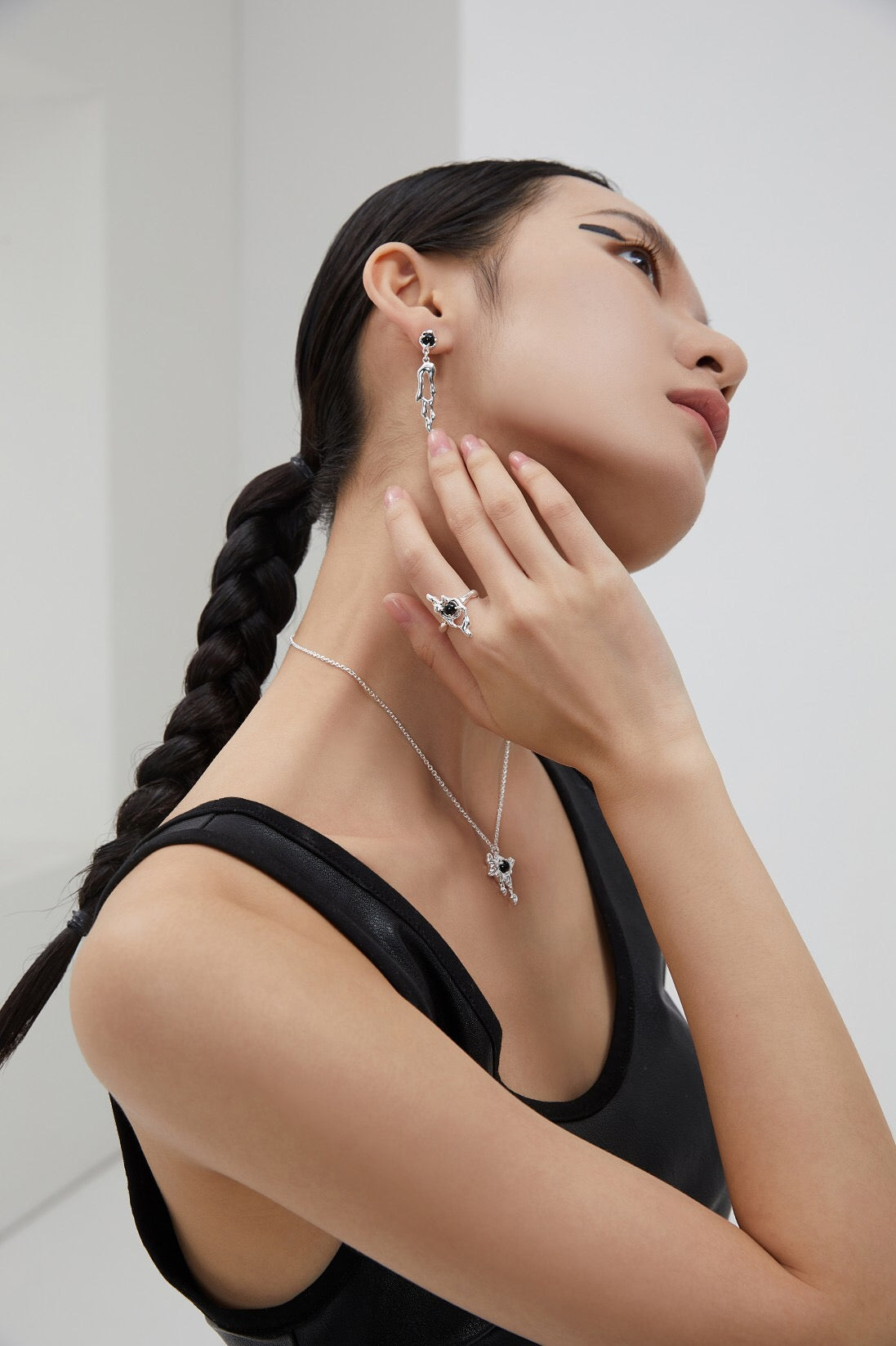 Irregular Geometry Black Onyx Open Ring featuring natural agate and sterling silver, showcasing a unique design.