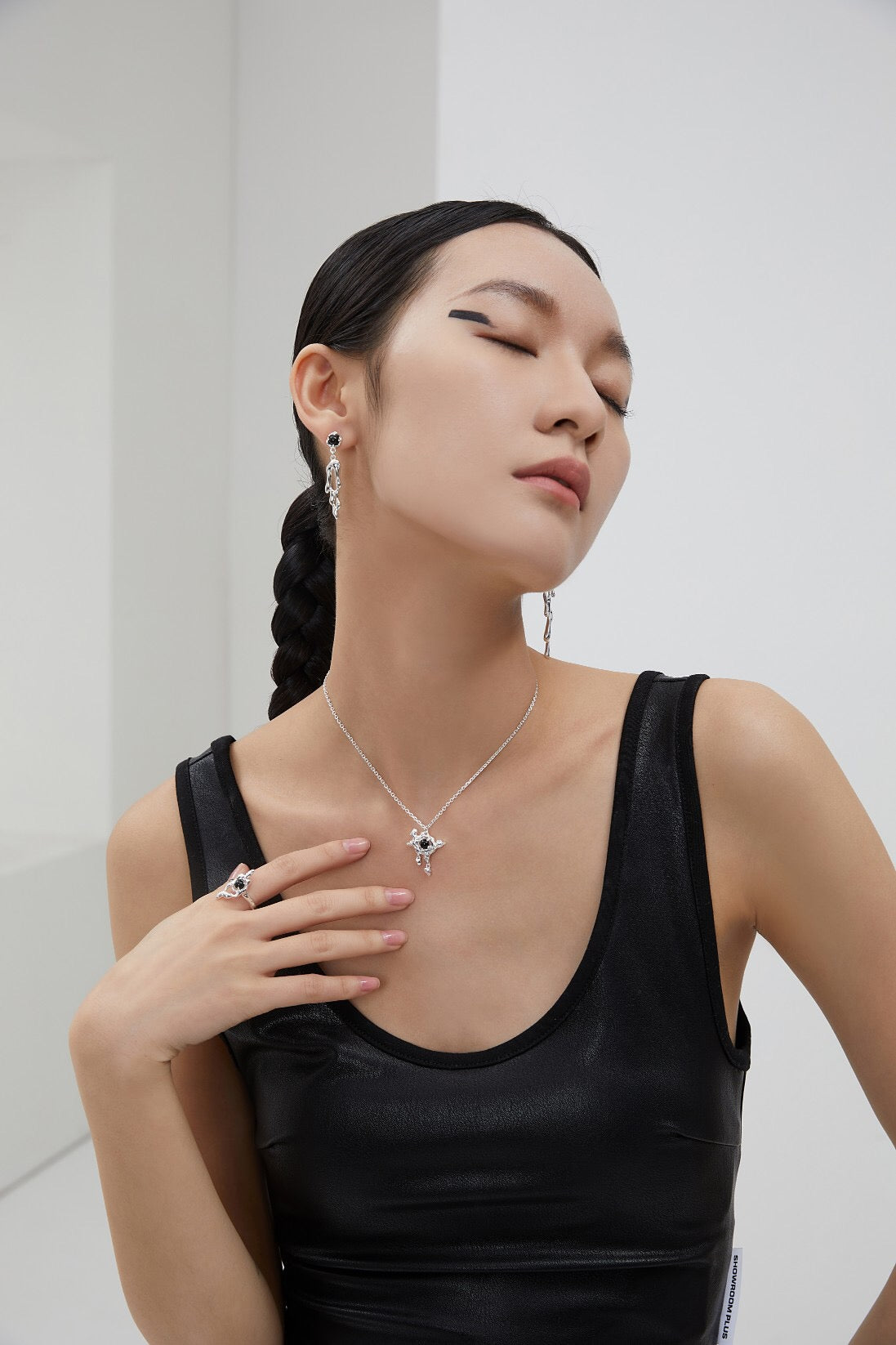 Irregular Geometry Black Onyx Open Ring featuring natural agate and sterling silver, showcasing a unique design.