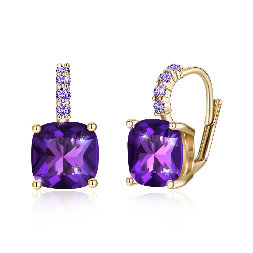 Iridescent Amethyst Ascher Cut Pave Leverback earrings in 14K gold plated setting, showcasing a brilliant purple gemstone and elegant design.