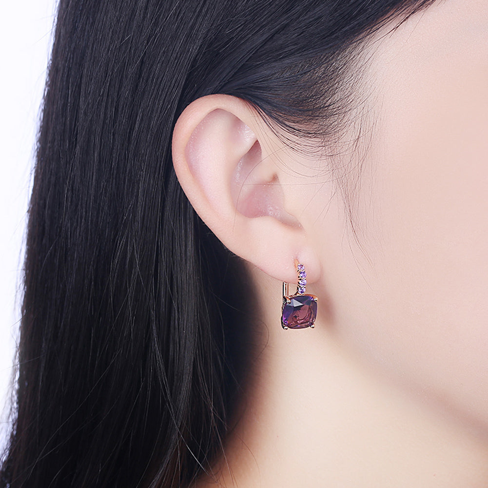 Iridescent Amethyst Ascher Cut Pave Leverback earrings in 14K gold plated setting, showcasing a brilliant purple gemstone and elegant design.
