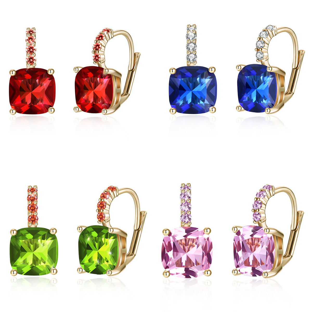 Iridescent Amethyst Ascher Cut Pave Leverback earrings in 14K gold plated setting, showcasing a brilliant purple gemstone and elegant design.