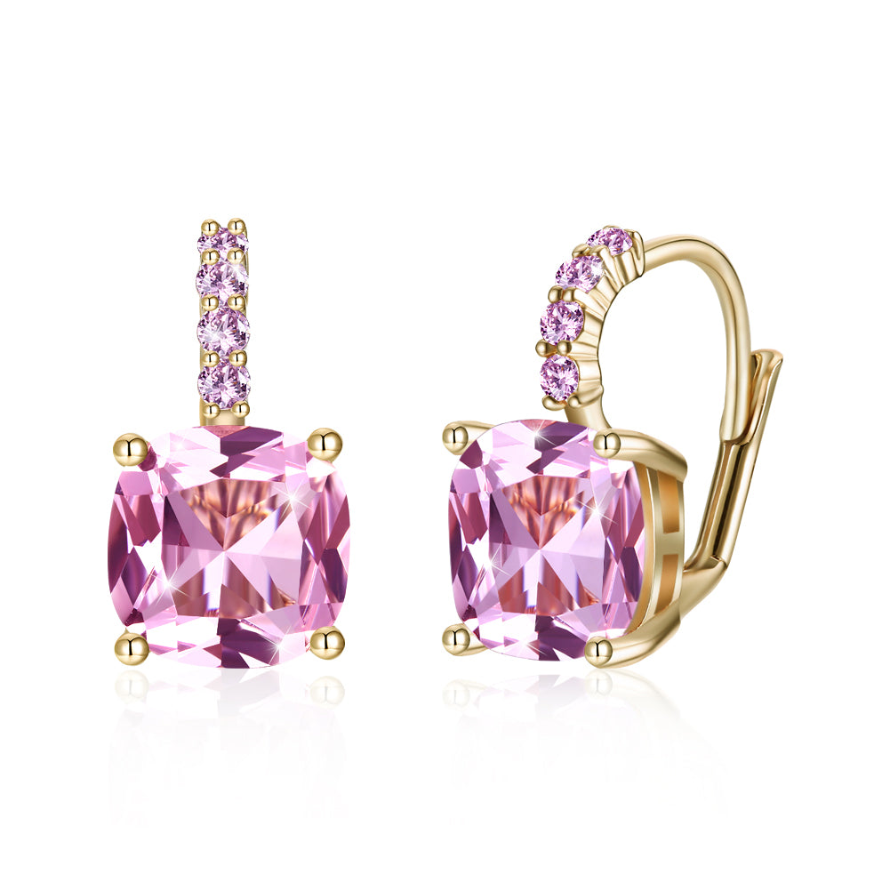 Iridescent Amethyst Ascher Cut Pave Leverback earrings in 14K gold plated setting, showcasing a brilliant purple gemstone and elegant design.