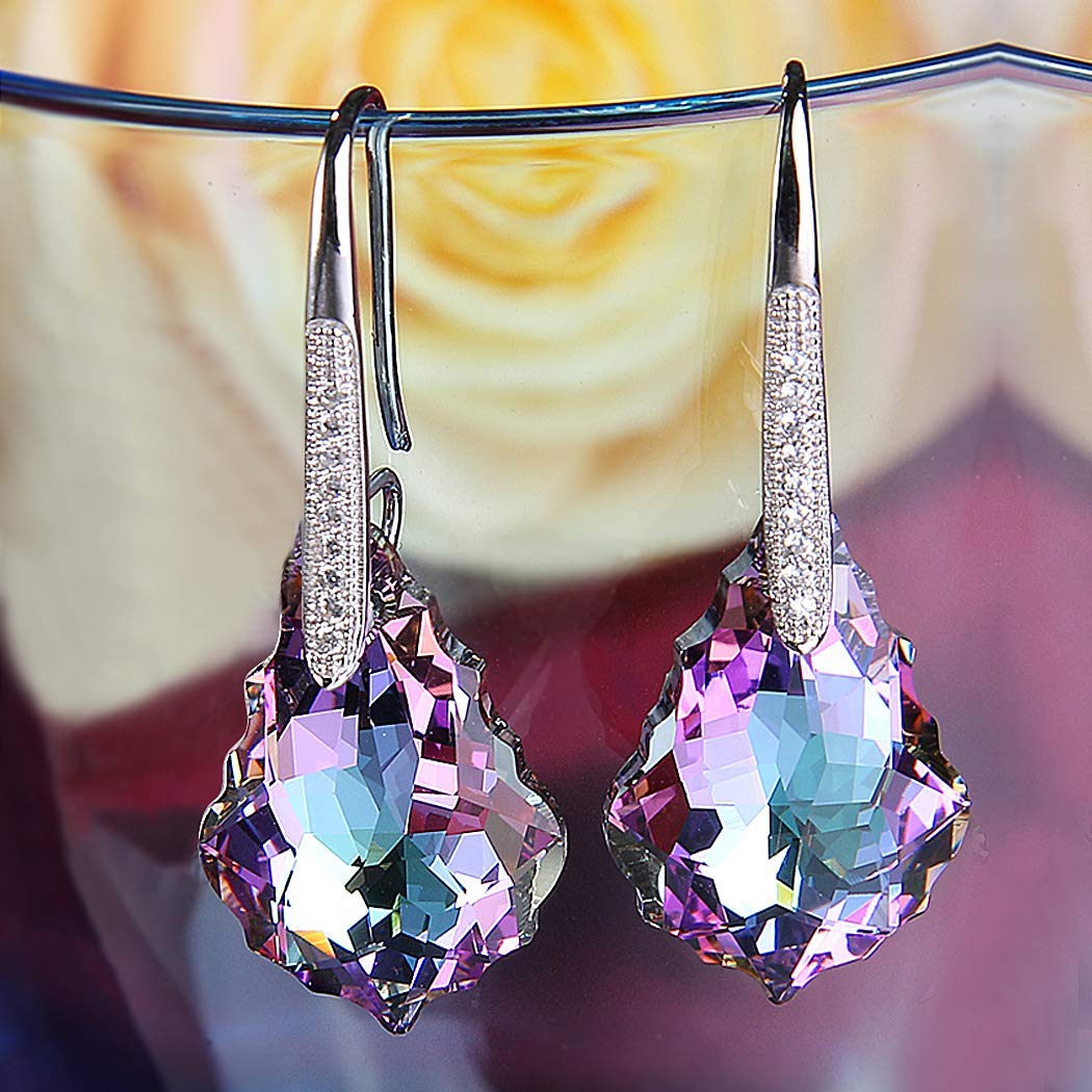 Elegant Iridescent Amethyst Gemstone Chandelier Drop Earrings in 18K white gold plating, featuring purple and blue hues.