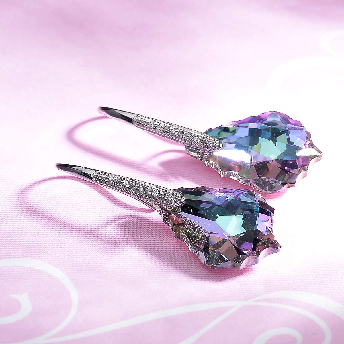 Elegant Iridescent Amethyst Gemstone Chandelier Drop Earrings in 18K white gold plating, featuring purple and blue hues.