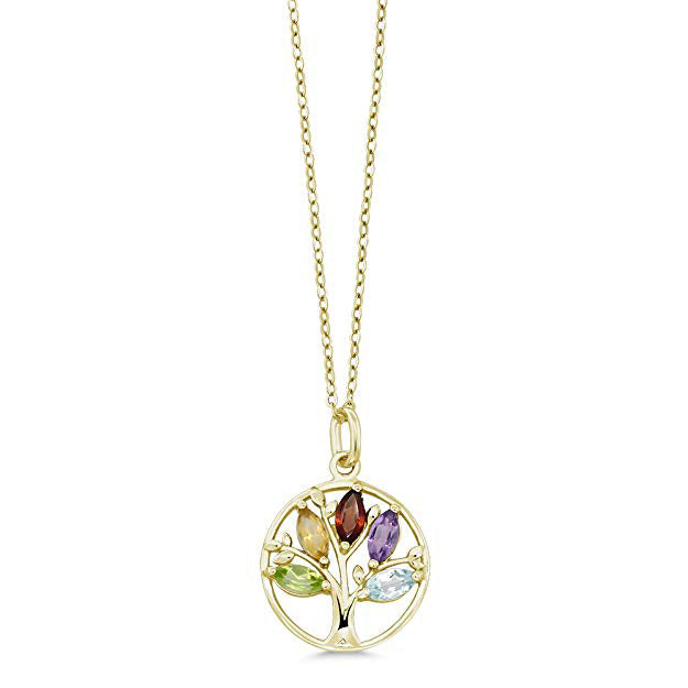 Iridescent Tree of Life Amethyst Crystal Disc Pendant Necklace featuring 14K gold plating and a stunning purple amethyst crystal.