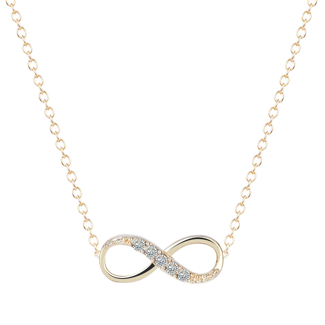 Italian Pav’e Infinity Necklace featuring a 14K gold plated infinity pendant on a link chain, perfect for elegant occasions.