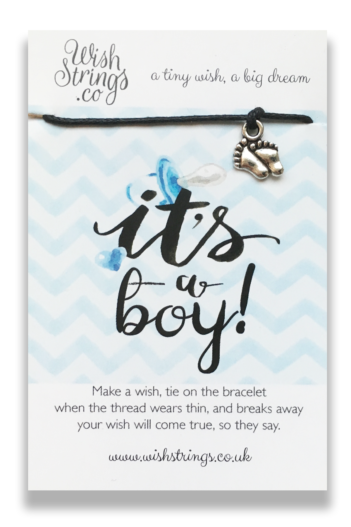 IT'S A BOY WishStrings Wish Bracelet featuring a Tibetan Silver charm on a waxed cotton cord, beautifully presented on a luxury display card.