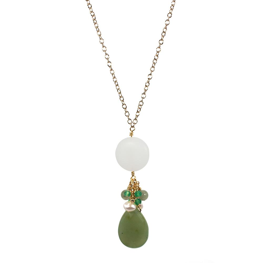 A beautiful Jade and Sea Glass Drop Pendant Necklace featuring a green jade teardrop, white sea glass coin, and a cluster of colorful beads and pearls.