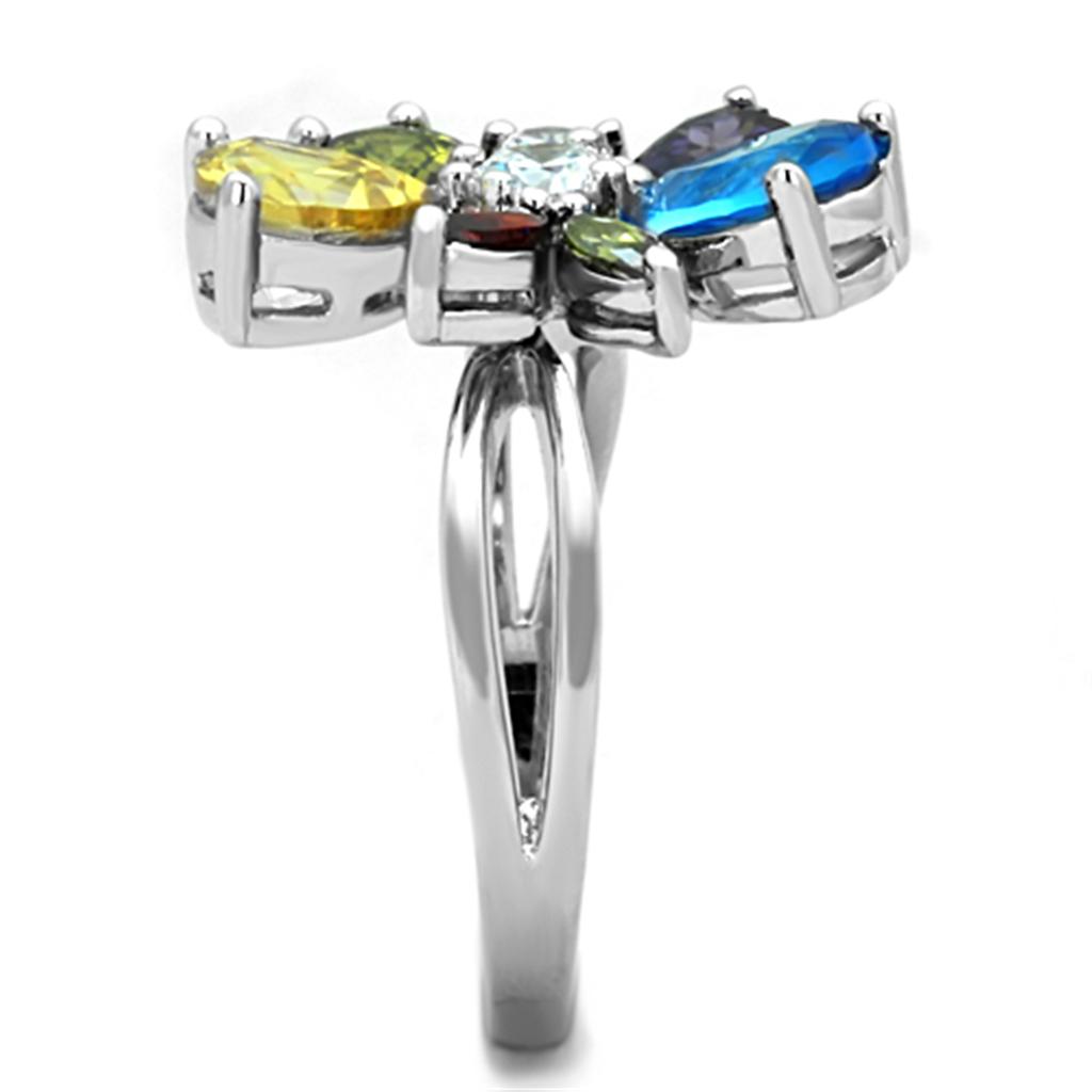 Jaime Cocktail Ring featuring rhodium brass and multi-colored AAA CZ stones, elegantly designed for stylish occasions.