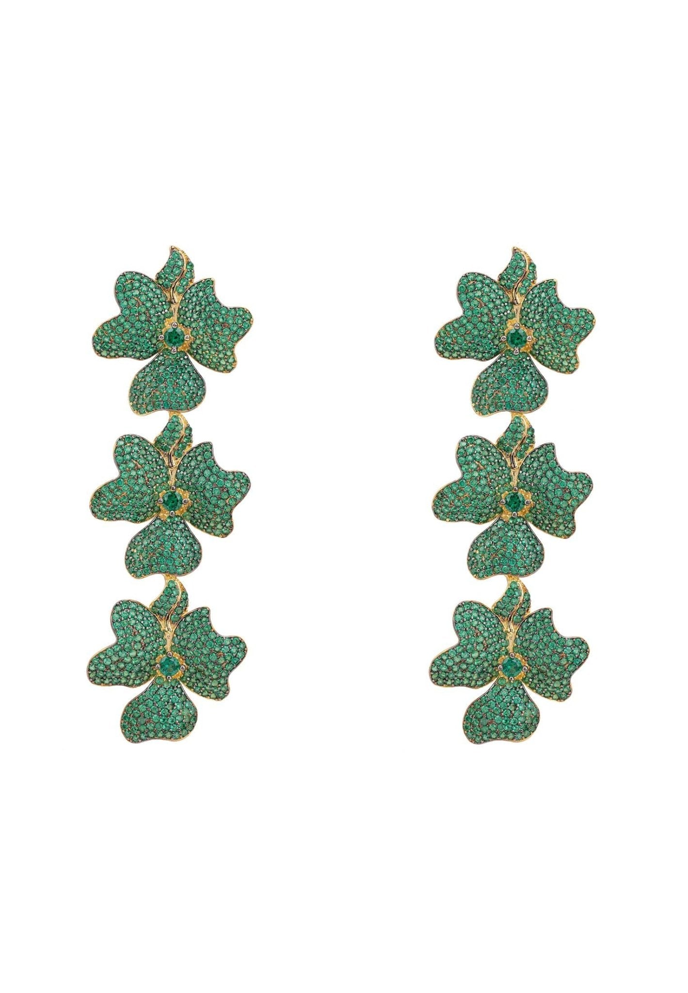 Jasmine Flower Triple Drop Earrings in gold with emerald green cubic zirconia, featuring a floral design and elegant drop style.